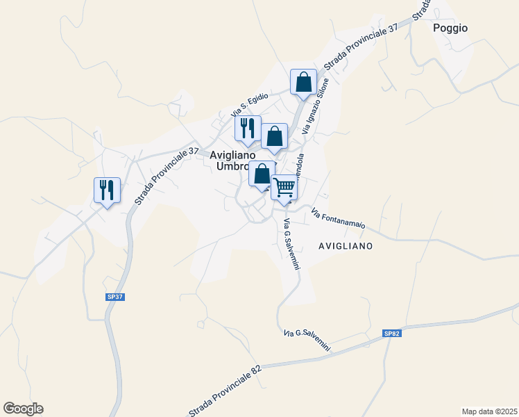 map of restaurants, bars, coffee shops, grocery stores, and more near 25 Via Madonna delle Grazie in Avigliano Umbro