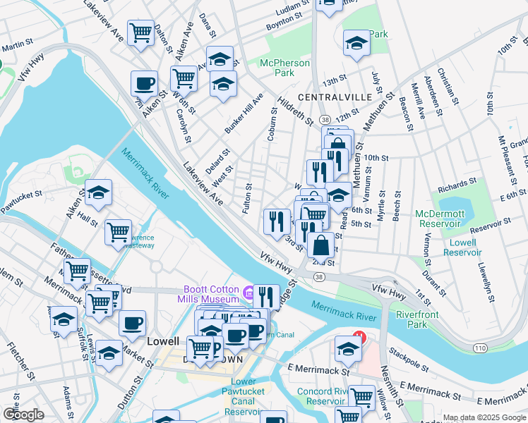 map of restaurants, bars, coffee shops, grocery stores, and more near 10 Coburn Street in Lowell