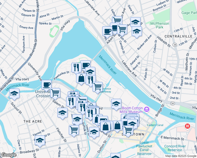 map of restaurants, bars, coffee shops, grocery stores, and more near 40 Perkins Street in Lowell