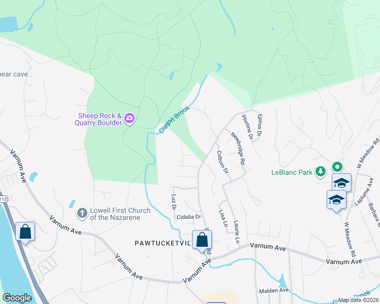 map of restaurants, bars, coffee shops, grocery stores, and more near 11 Oberlin Avenue in Lowell
