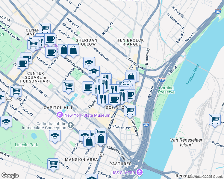 map of restaurants, bars, coffee shops, grocery stores, and more near 40 Lodge Street in Albany