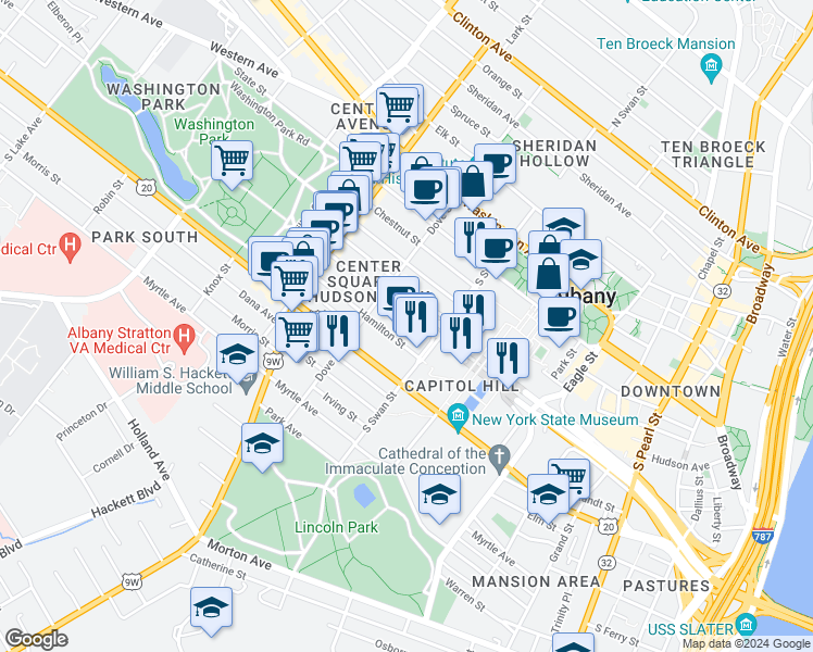 map of restaurants, bars, coffee shops, grocery stores, and more near 289 Hamilton Street in Albany