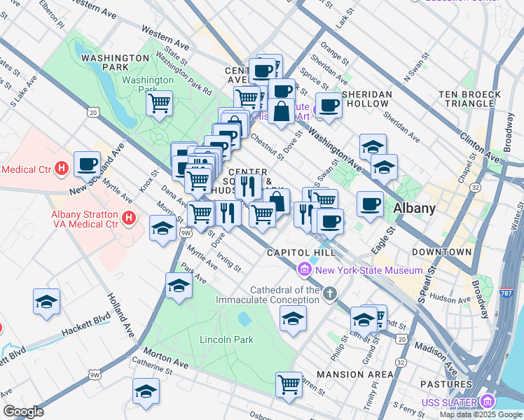 map of restaurants, bars, coffee shops, grocery stores, and more near 335 Madison Avenue in Albany