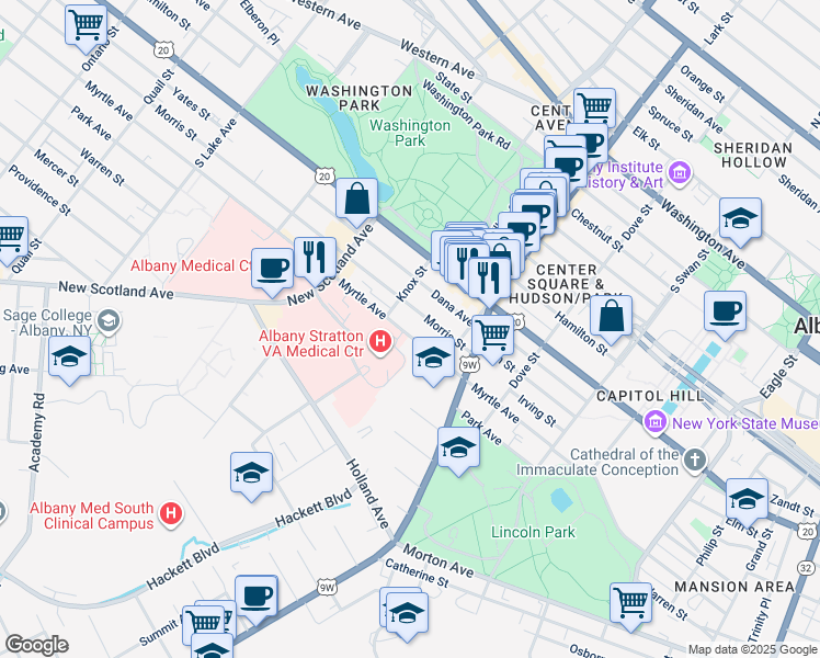 map of restaurants, bars, coffee shops, grocery stores, and more near 113 Holland Avenue in Albany