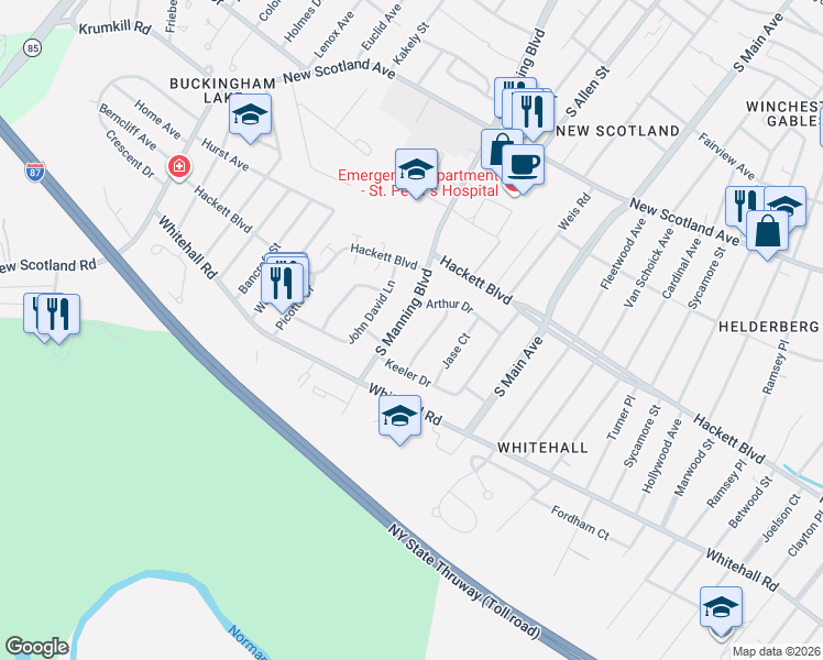map of restaurants, bars, coffee shops, grocery stores, and more near 1 Crestwood Court in Albany