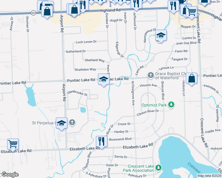 map of restaurants, bars, coffee shops, grocery stores, and more near 5695 Pontiac Lake Road in Waterford Township