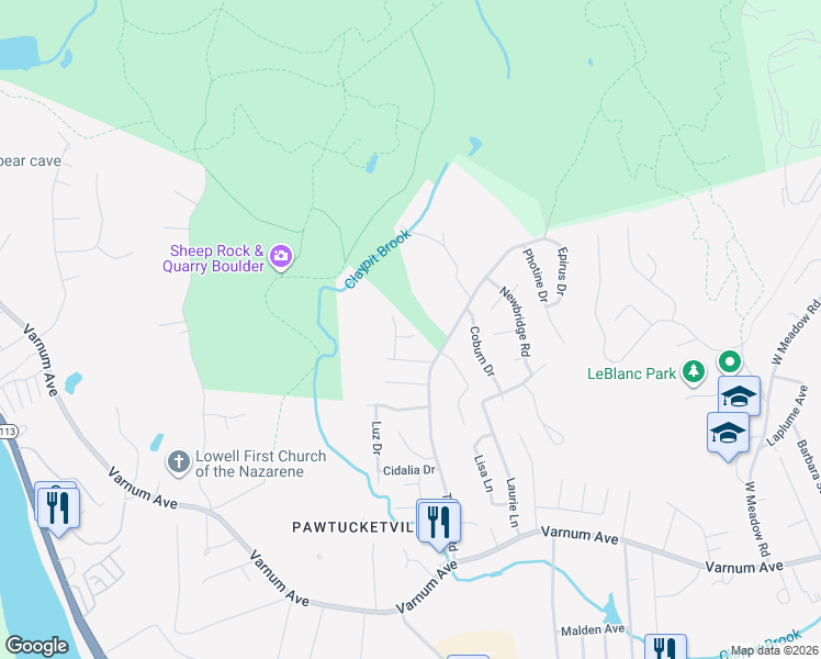 map of restaurants, bars, coffee shops, grocery stores, and more near 11 Oberlin Avenue in Lowell