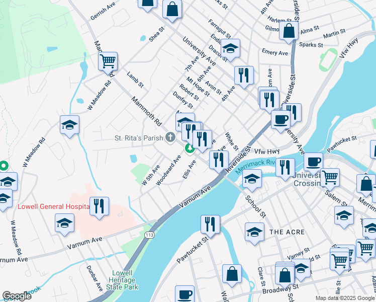 map of restaurants, bars, coffee shops, grocery stores, and more near 6 Woodward Avenue in Lowell
