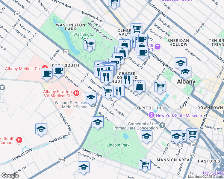 map of restaurants, bars, coffee shops, grocery stores, and more near 255 Elm Street in Albany