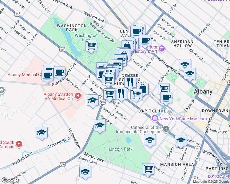 map of restaurants, bars, coffee shops, grocery stores, and more near 398 Madison Avenue in Albany