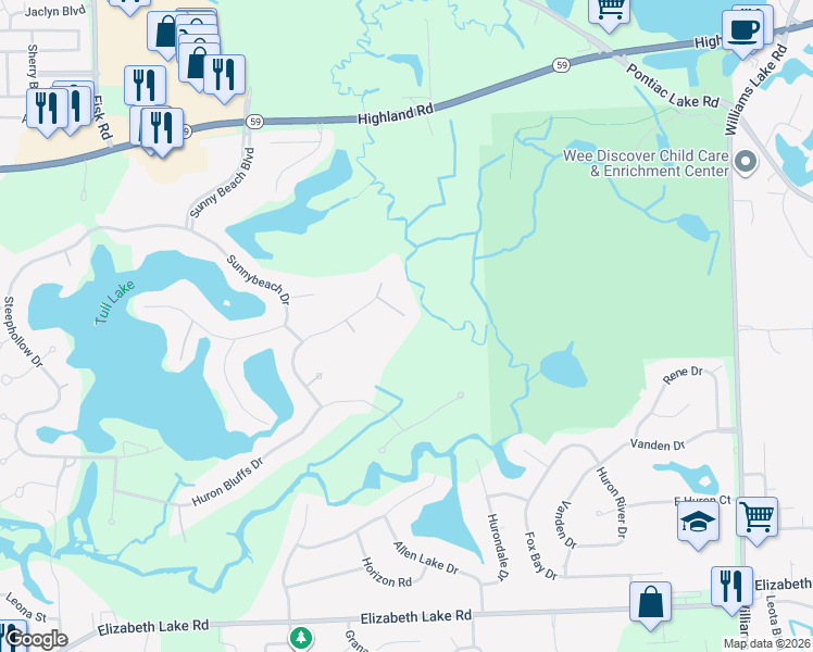 map of restaurants, bars, coffee shops, grocery stores, and more near 8669 Scenic Bluff Lane in White Lake charter Township