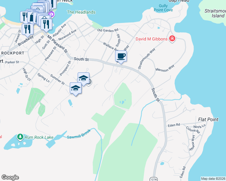 map of restaurants, bars, coffee shops, grocery stores, and more near 32 Country Club Road in Rockport