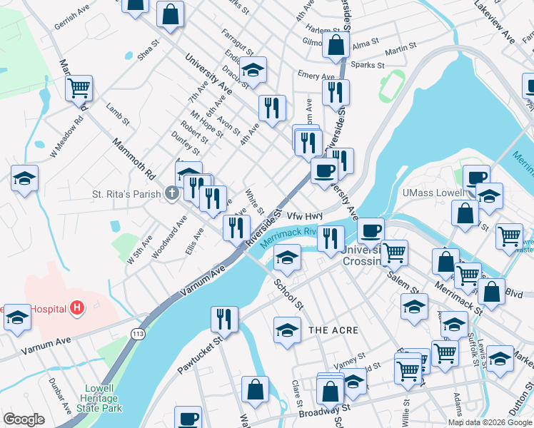 map of restaurants, bars, coffee shops, grocery stores, and more near 56 Mount Hope Street in Lowell