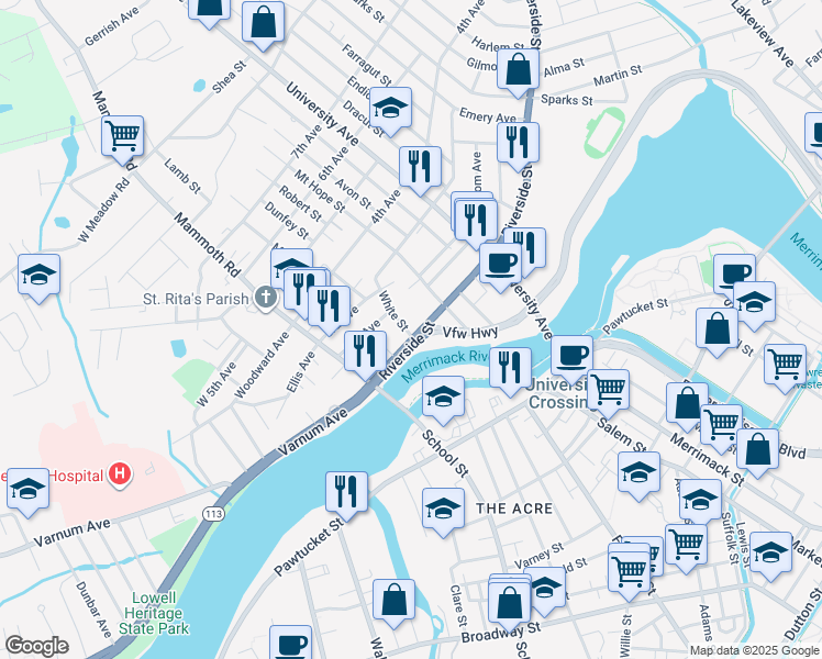 map of restaurants, bars, coffee shops, grocery stores, and more near 66 Riverside Street in Lowell