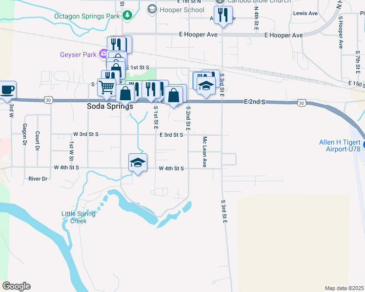 map of restaurants, bars, coffee shops, grocery stores, and more near 190 East 3rd South in Soda Springs
