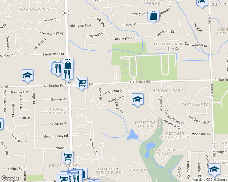 map of restaurants, bars, coffee shops, grocery stores, and more near 457 Kensington Drive in Rochester Hills