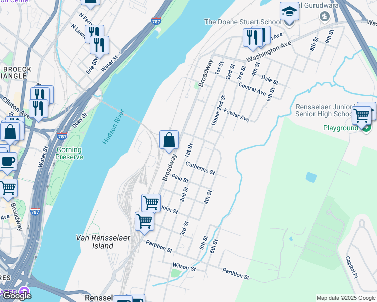 map of restaurants, bars, coffee shops, grocery stores, and more near 1st Street in Rensselaer