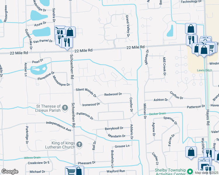 map of restaurants, bars, coffee shops, grocery stores, and more near 48581 Lacota Court in Macomb County