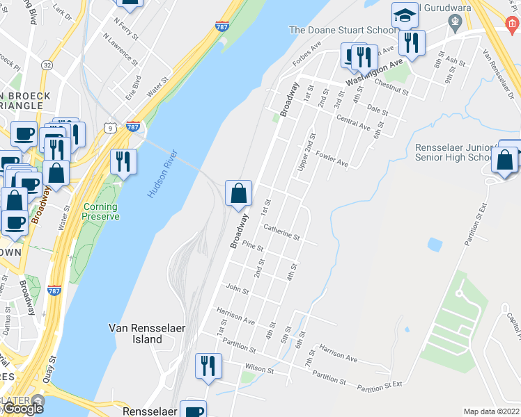 map of restaurants, bars, coffee shops, grocery stores, and more near 1325 1st Street in Rensselaer