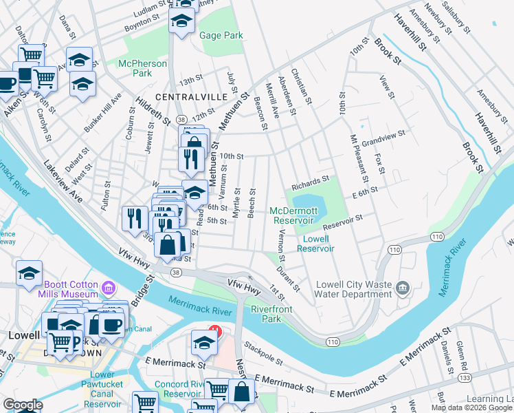 map of restaurants, bars, coffee shops, grocery stores, and more near 96 Fremont Street in Lowell