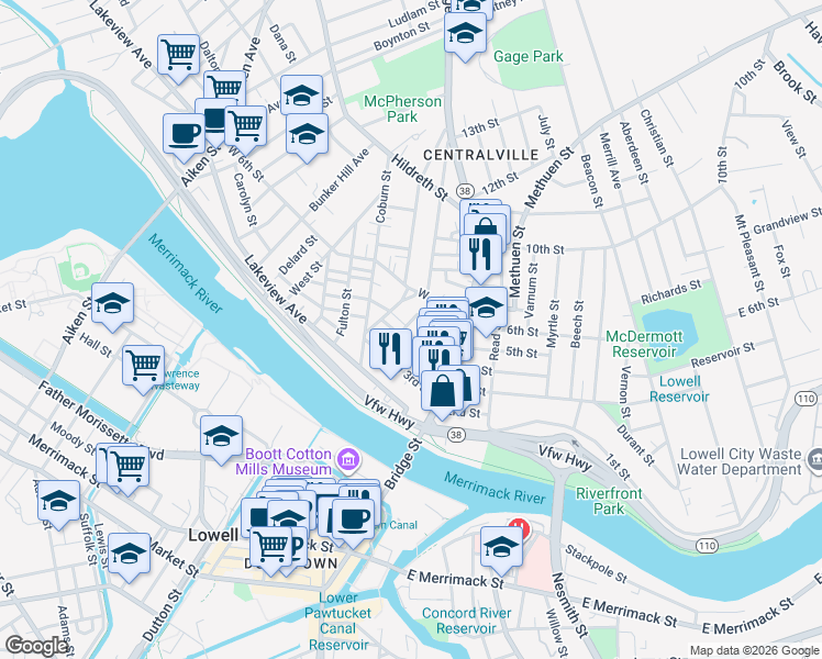 map of restaurants, bars, coffee shops, grocery stores, and more near 45R Jewett Street in Lowell
