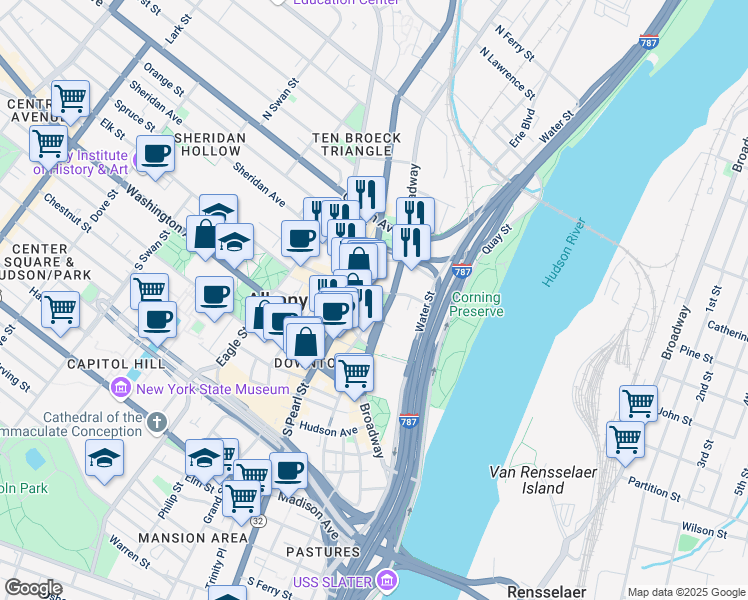 map of restaurants, bars, coffee shops, grocery stores, and more near 90 North Pearl Street in Albany