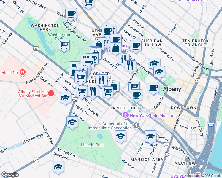 map of restaurants, bars, coffee shops, grocery stores, and more near in Albany