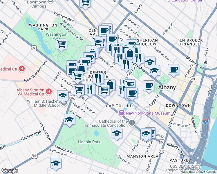 map of restaurants, bars, coffee shops, grocery stores, and more near 262 Hudson Avenue in Albany