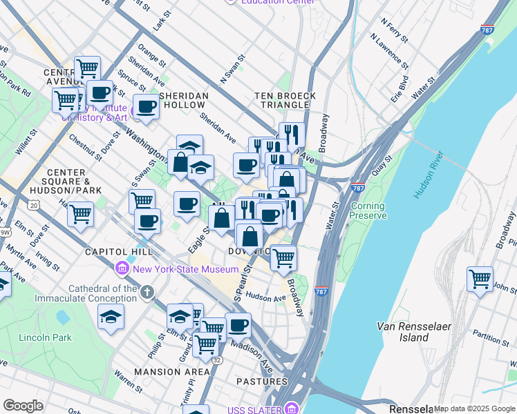map of restaurants, bars, coffee shops, grocery stores, and more near 10 Lodge Street in Albany