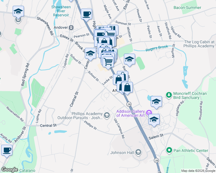 map of restaurants, bars, coffee shops, grocery stores, and more near 8 Locke Street in Andover