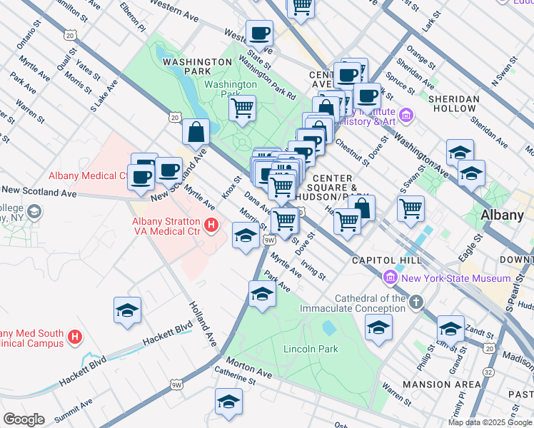 map of restaurants, bars, coffee shops, grocery stores, and more near 2 Dana Avenue in Albany