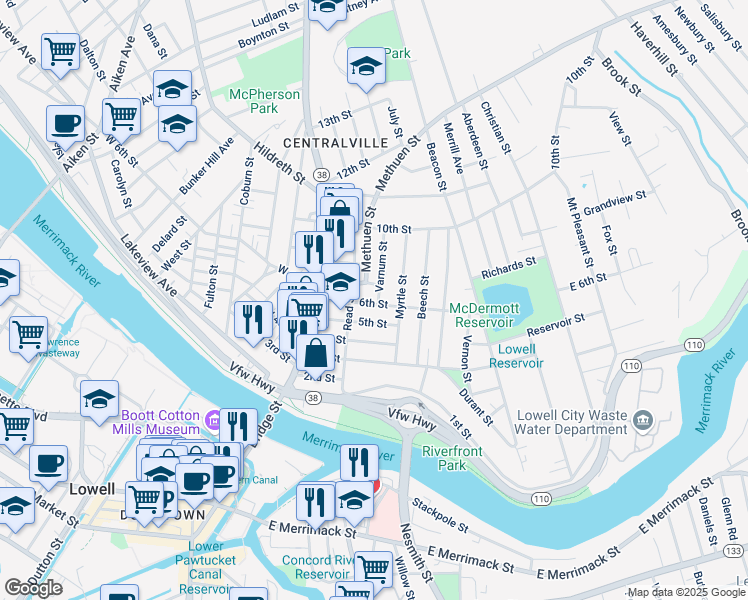 map of restaurants, bars, coffee shops, grocery stores, and more near 60 West 6th Street in Lowell