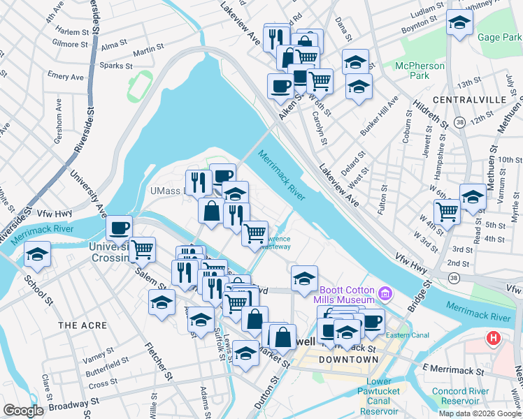 map of restaurants, bars, coffee shops, grocery stores, and more near Lawrence Drive in Lowell