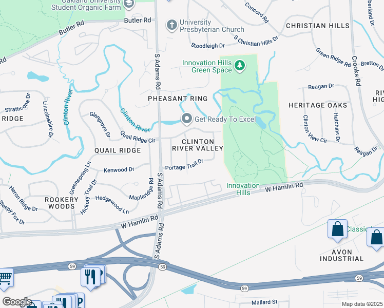 map of restaurants, bars, coffee shops, grocery stores, and more near 1803 Rapids Way in Rochester