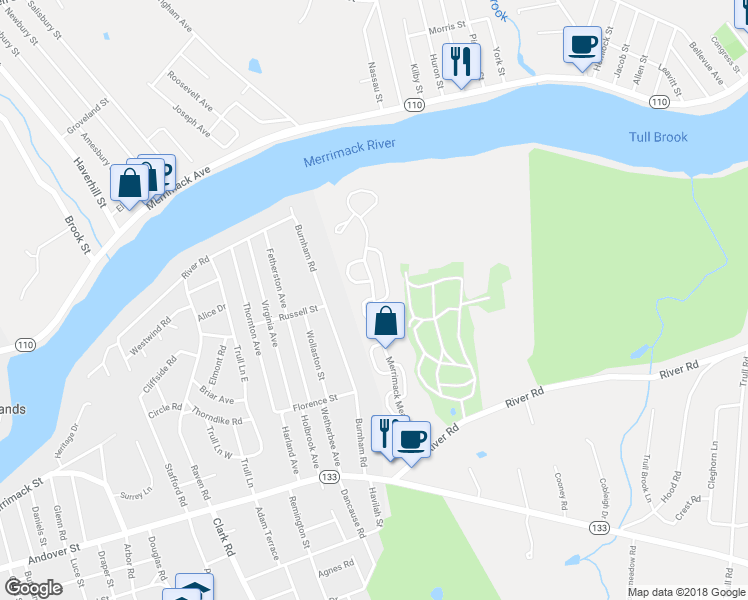 map of restaurants, bars, coffee shops, grocery stores, and more near 165 Merrimack Meadows Lane in Tewksbury