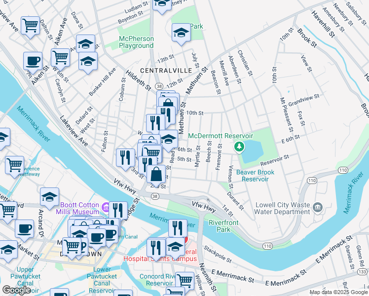 map of restaurants, bars, coffee shops, grocery stores, and more near 60 6th Street in Lowell