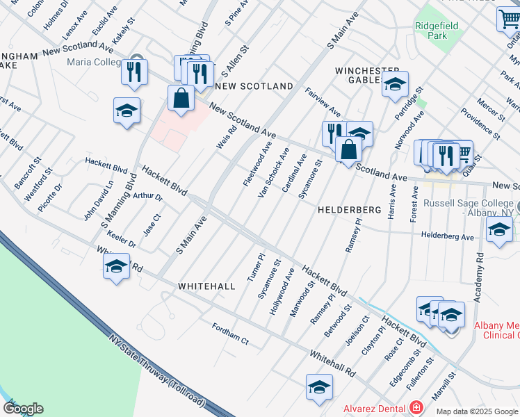 map of restaurants, bars, coffee shops, grocery stores, and more near 45 Van Schoick Avenue in Albany