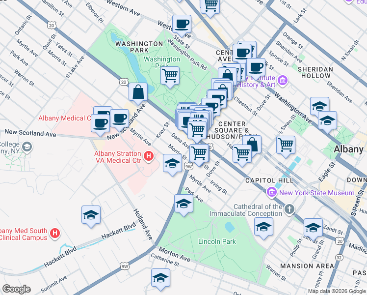 map of restaurants, bars, coffee shops, grocery stores, and more near 448 Madison Avenue in Albany