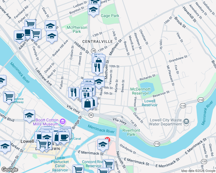 map of restaurants, bars, coffee shops, grocery stores, and more near 60 6th Street in Lowell
