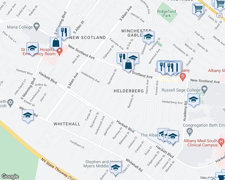 map of restaurants, bars, coffee shops, grocery stores, and more near 71 Hollywood Avenue in Albany