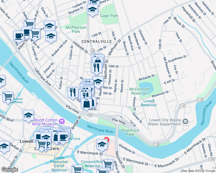 map of restaurants, bars, coffee shops, grocery stores, and more near 42 7th Street in Lowell