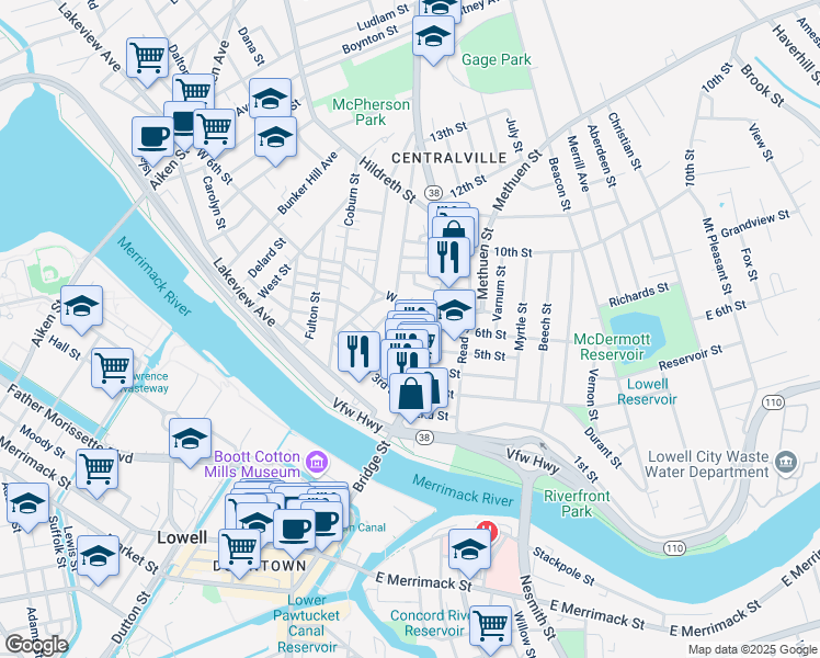 map of restaurants, bars, coffee shops, grocery stores, and more near 36 West 6th Street in Lowell