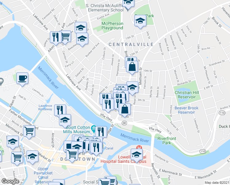 map of restaurants, bars, coffee shops, grocery stores, and more near 36 West 6th Street in Lowell