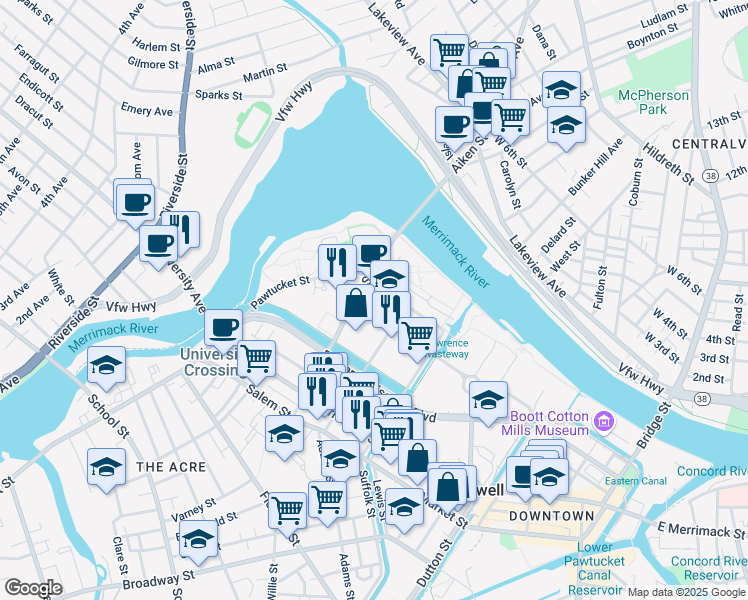 map of restaurants, bars, coffee shops, grocery stores, and more near 354R Aiken Avenue in Lowell
