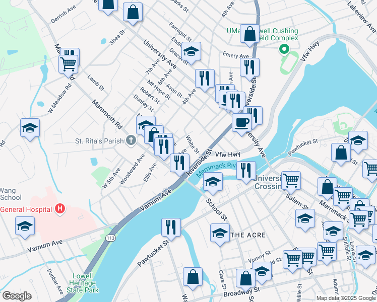 map of restaurants, bars, coffee shops, grocery stores, and more near 66 2nd Avenue in Lowell
