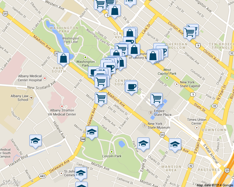 map of restaurants, bars, coffee shops, grocery stores, and more near 107 Dove Street in Albany