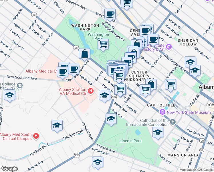 map of restaurants, bars, coffee shops, grocery stores, and more near 36 Dana Avenue in Albany