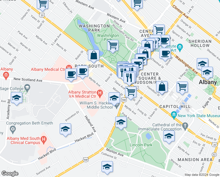 map of restaurants, bars, coffee shops, grocery stores, and more near 36 Dana Avenue in Albany