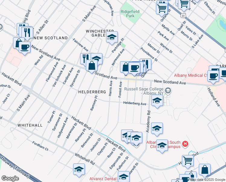 map of restaurants, bars, coffee shops, grocery stores, and more near 5 Harris Avenue in Albany