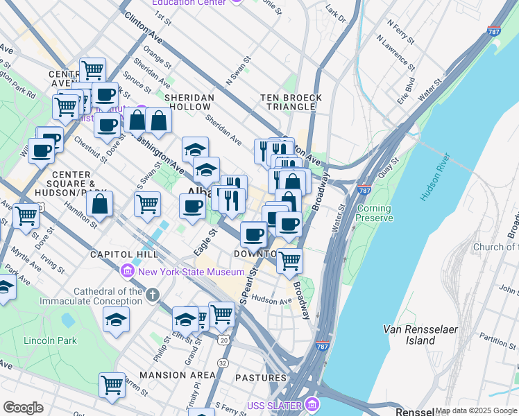 map of restaurants, bars, coffee shops, grocery stores, and more near 10 Lodge Street in Albany